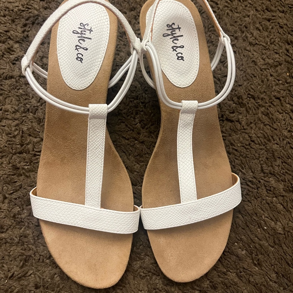 Style & Co. White T-Strap Wedges